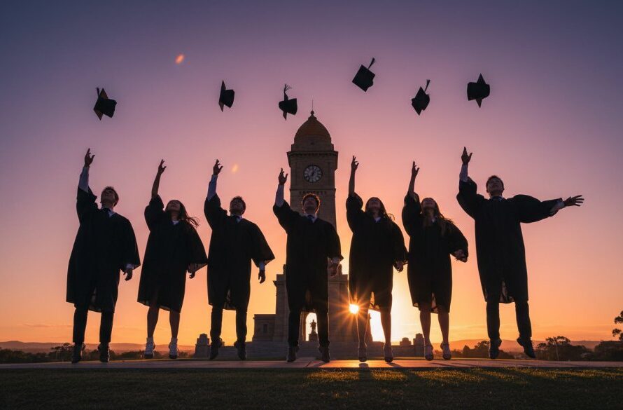 An 'epic moment' capture of Creative High School Photography Ararat Victoria Lasting Memories, featuring a group of graduating students laughing joyfully with their caps thrown in the air against the iconic backdrop of the Ararat War Memorial, bathed in golden hour light, celebrating their achievements.