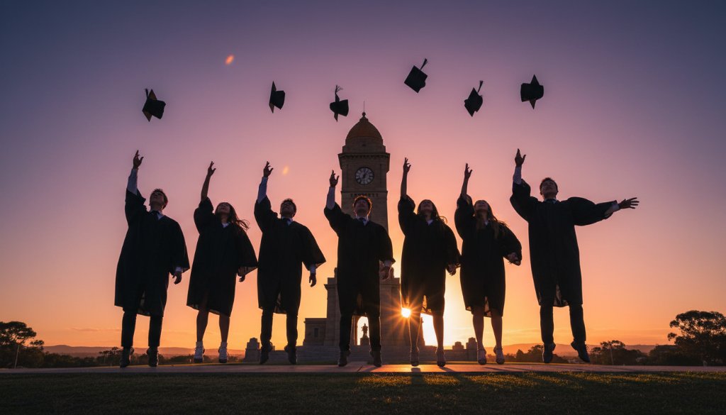 An 'epic moment' capture of Creative High School Photography Ararat Victoria Lasting Memories, featuring a group of graduating students laughing joyfully with their caps thrown in the air against the iconic backdrop of the Ararat War Memorial, bathed in golden hour light, celebrating their achievements.