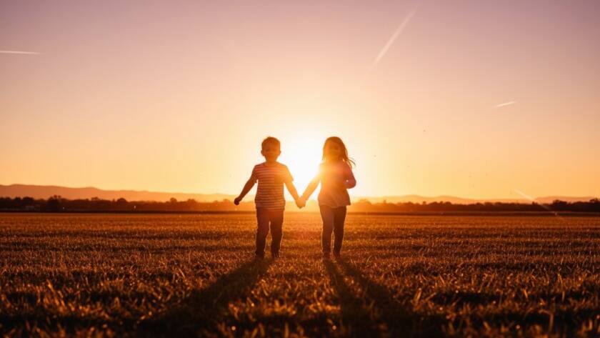 An epic moment of pure joy: two children, a boy and a girl, laughing brightly as they run through a sun-dappled field at sunset in Boronia's Knox Dog Park, captured with stunning, warm, professional color-graded creative kids photography Boronia family moments.