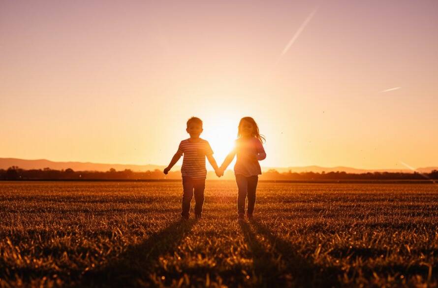 An epic moment of pure joy: two children, a boy and a girl, laughing brightly as they run through a sun-dappled field at sunset in Boronia's Knox Dog Park, captured with stunning, warm, professional color-graded creative kids photography Boronia family moments.