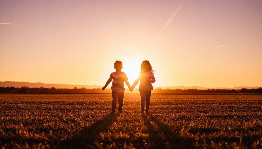 An epic moment of pure joy: two children, a boy and a girl, laughing brightly as they run through a sun-dappled field at sunset in Boronia's Knox Dog Park, captured with stunning, warm, professional color-graded creative kids photography Boronia family moments.