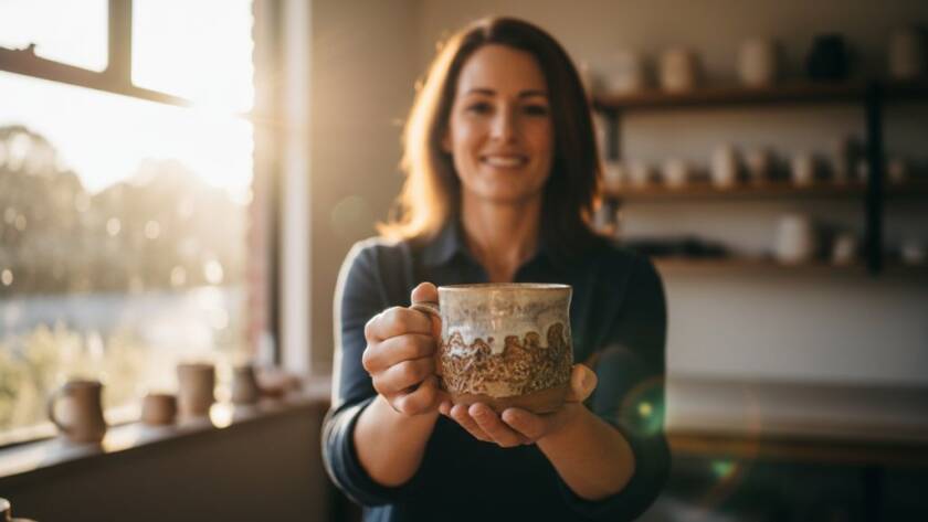Dynamic hero shot of a local Rowville artisan proudly showcasing their beautifully crafted, illuminated product in a rustic, sun-drenched workshop, embodying creative product advertising photography for small businesses.