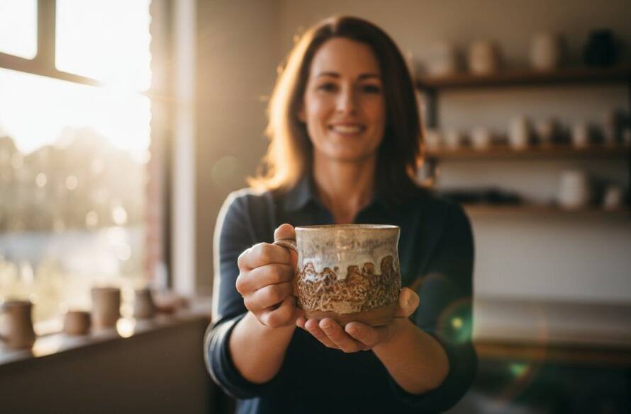 Dynamic hero shot of a local Rowville artisan proudly showcasing their beautifully crafted, illuminated product in a rustic, sun-drenched workshop, embodying creative product advertising photography for small businesses.