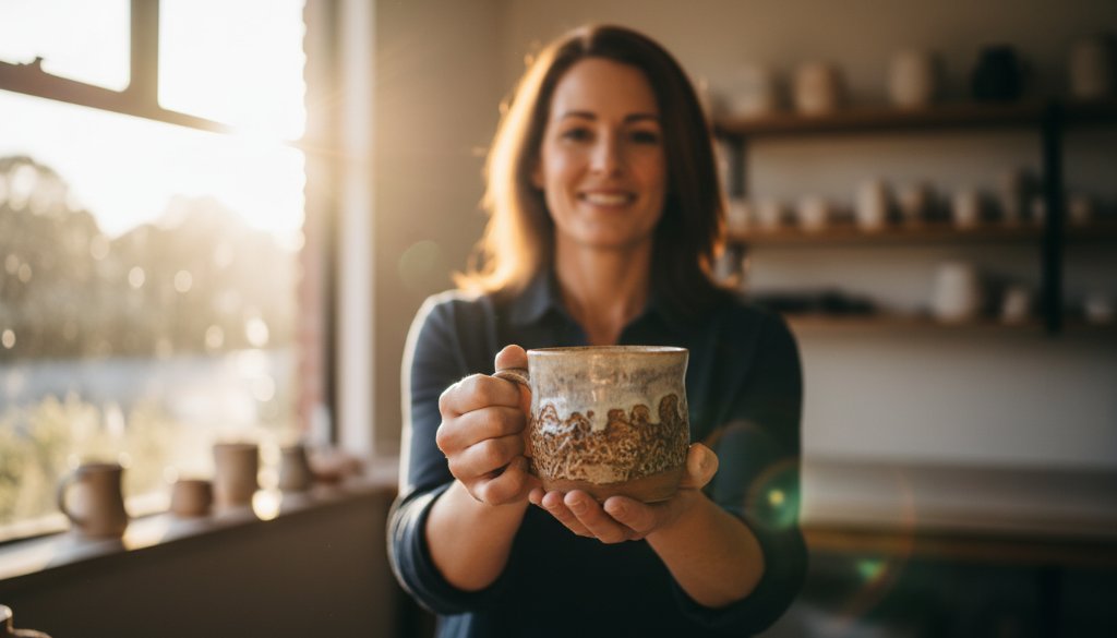 Dynamic hero shot of a local Rowville artisan proudly showcasing their beautifully crafted, illuminated product in a rustic, sun-drenched workshop, embodying creative product advertising photography for small businesses.