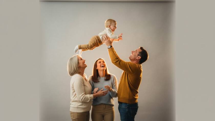An intimate, emotionally charged photograph of a multi-generational family laughing joyfully in a beautifully lit modern studio, perfectly showcasing the warmth and connection captured by Creative Studio Photography Croydon Family Portraits Victoria. Dramatic backlighting highlights their silhouettes, creating an epic moment of togetherness.