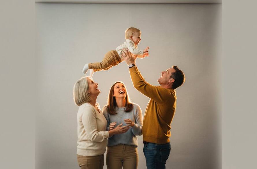 An intimate, emotionally charged photograph of a multi-generational family laughing joyfully in a beautifully lit modern studio, perfectly showcasing the warmth and connection captured by Creative Studio Photography Croydon Family Portraits Victoria. Dramatic backlighting highlights their silhouettes, creating an epic moment of togetherness.