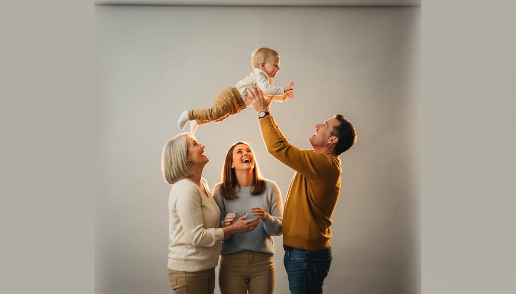 An intimate, emotionally charged photograph of a multi-generational family laughing joyfully in a beautifully lit modern studio, perfectly showcasing the warmth and connection captured by Creative Studio Photography Croydon Family Portraits Victoria. Dramatic backlighting highlights their silhouettes, creating an epic moment of togetherness.