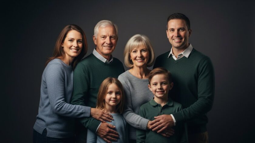 An emotionally resonant and professionally lit 'epic moment' photograph capturing a loving family embracing during a creative studio photography East Geelong family portraits session, showcasing genuine joy and connection in a high-contrast, cinematic style.