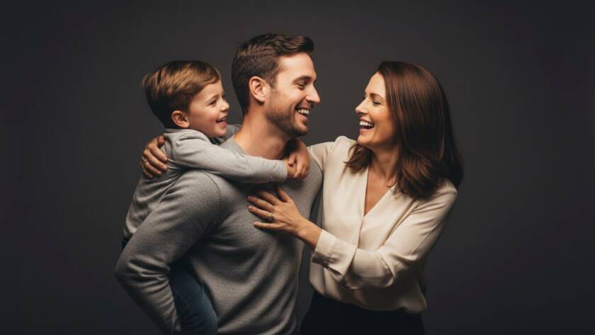 A stunning, dramatic studio portrait capturing a family's joyous, intimate connection during their creative studio photography experiences Mentone, with soft, elegant backlighting and a warm, inviting atmosphere, professional colour grading.