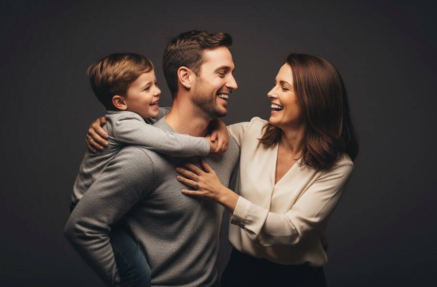 A stunning, dramatic studio portrait capturing a family's joyous, intimate connection during their creative studio photography experiences Mentone, with soft, elegant backlighting and a warm, inviting atmosphere, professional colour grading.