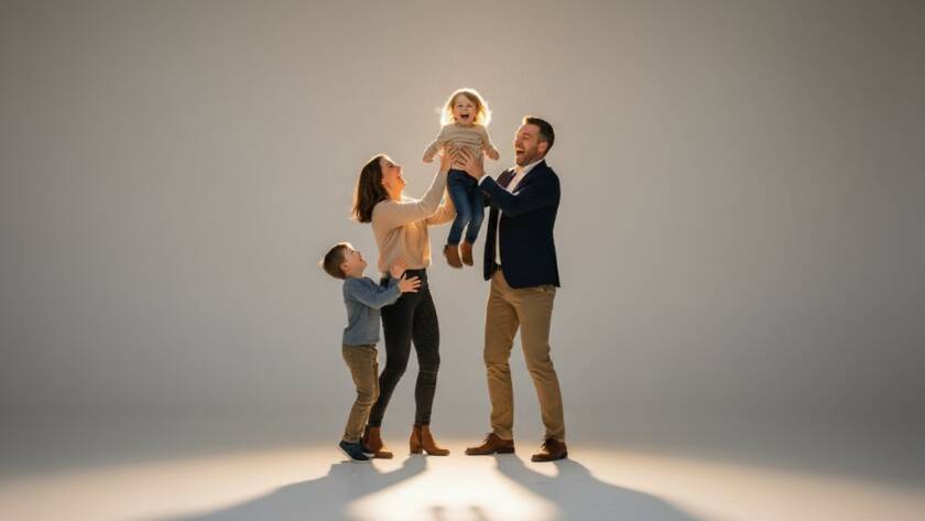 An epic moment of a family bursting into laughter during a creative studio photography Kingsville Melbourne session, with dramatic backlighting highlighting their joyful expressions.