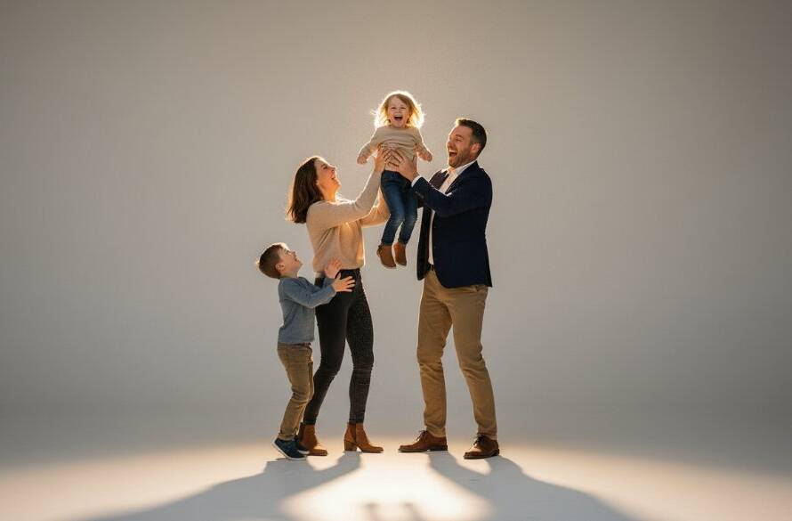 An epic moment of a family bursting into laughter during a creative studio photography Kingsville Melbourne session, with dramatic backlighting highlighting their joyful expressions.