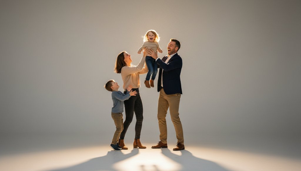 An epic moment of a family bursting into laughter during a creative studio photography Kingsville Melbourne session, with dramatic backlighting highlighting their joyful expressions.