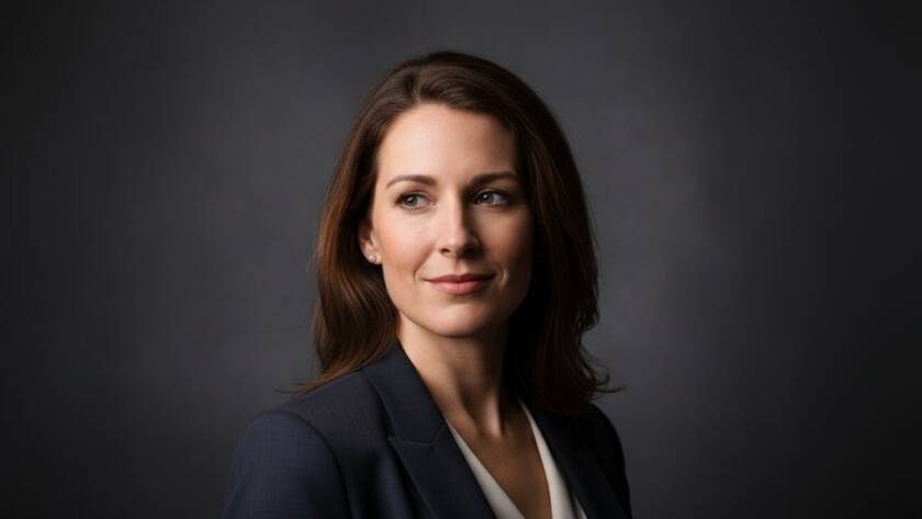 Dramatic close-up of a young professional woman smiling confidently during a Creative Studio Photography Ringwood North Victoria session, lit by a single, powerful softbox creating beautiful catchlights and subtle shadows, against a dark, textured backdrop, conveying success and approachable authority.