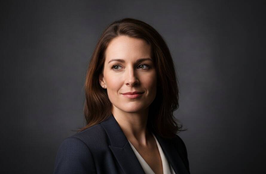 Dramatic close-up of a young professional woman smiling confidently during a Creative Studio Photography Ringwood North Victoria session, lit by a single, powerful softbox creating beautiful catchlights and subtle shadows, against a dark, textured backdrop, conveying success and approachable authority.