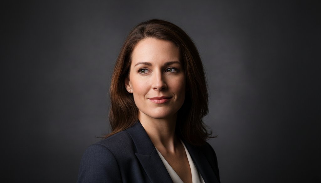 Dramatic close-up of a young professional woman smiling confidently during a Creative Studio Photography Ringwood North Victoria session, lit by a single, powerful softbox creating beautiful catchlights and subtle shadows, against a dark, textured backdrop, conveying success and approachable authority.