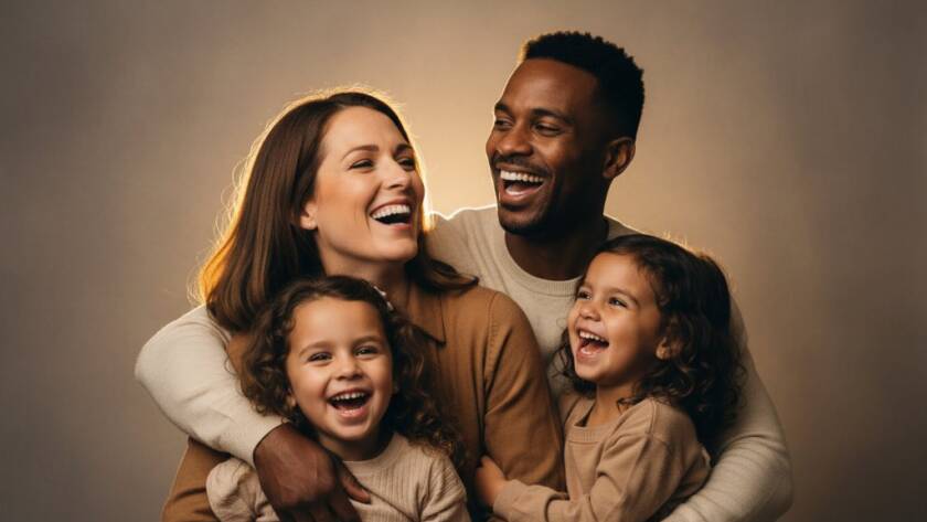A heartwarming, cinematic image capturing a Boronia family's joyous laughter during their creative studio portraits Boronia families cherish session. The professional photograph shows parents embracing their children in a beautifully lit, modern studio, evoking a sense of connection and happiness, with dramatic backlighting highlighting their profiles.