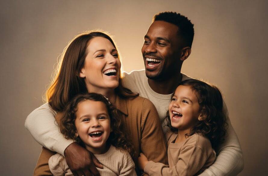 A heartwarming, cinematic image capturing a Boronia family's joyous laughter during their creative studio portraits Boronia families cherish session. The professional photograph shows parents embracing their children in a beautifully lit, modern studio, evoking a sense of connection and happiness, with dramatic backlighting highlighting their profiles.