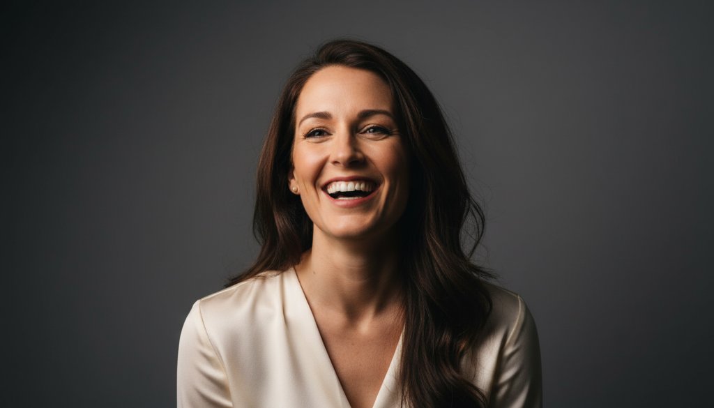 A powerful, dramatically lit close-up of a person laughing joyfully in a professional studio setting, capturing an authentic, epic moment of emotion, embodying creative studio portraits Seymour Victoria.