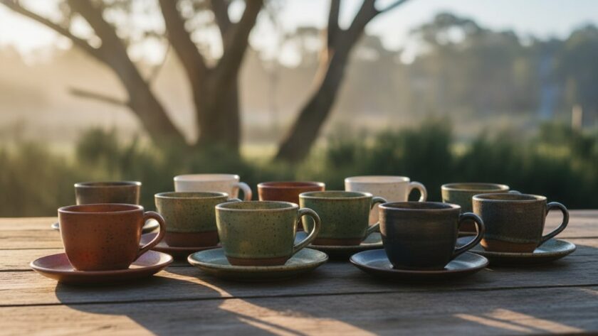 A dramatic close-up shot of hand-crafted ceramic mugs from a Creswick artisanal product photography showcase, bathed in warm, directional sunlight filtering through eucalyptus leaves, highlighting their textures and craftsmanship, with a subtle, misty Creswick forest background.