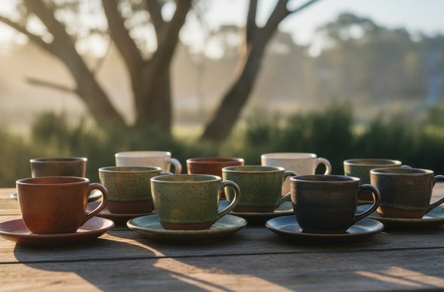 A dramatic close-up shot of hand-crafted ceramic mugs from a Creswick artisanal product photography showcase, bathed in warm, directional sunlight filtering through eucalyptus leaves, highlighting their textures and craftsmanship, with a subtle, misty Creswick forest background.
