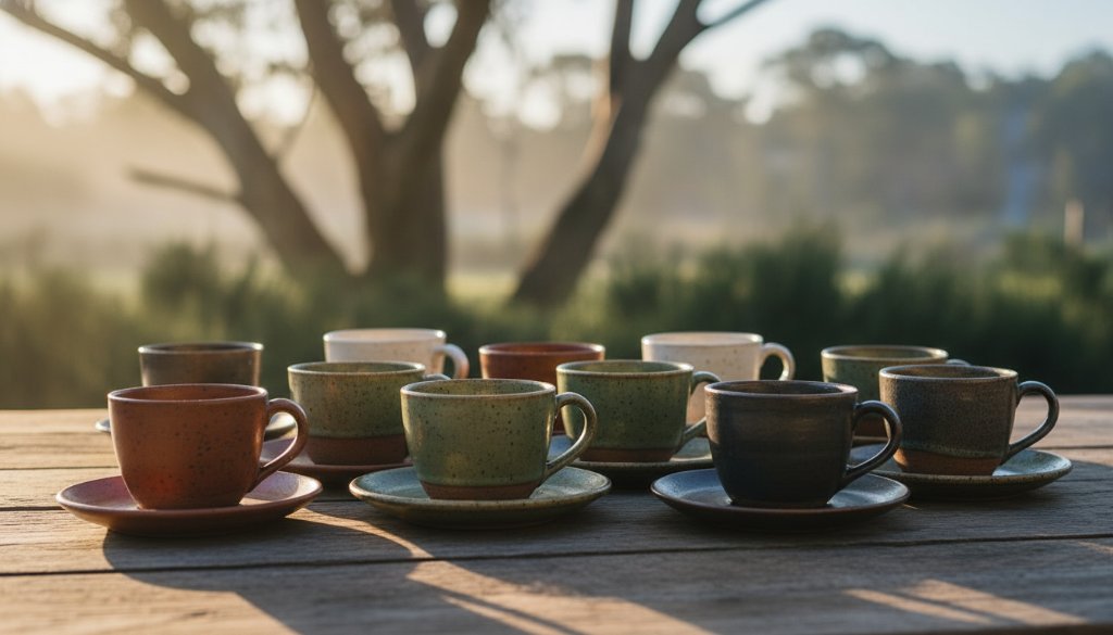 A dramatic close-up shot of hand-crafted ceramic mugs from a Creswick artisanal product photography showcase, bathed in warm, directional sunlight filtering through eucalyptus leaves, highlighting their textures and craftsmanship, with a subtle, misty Creswick forest background.