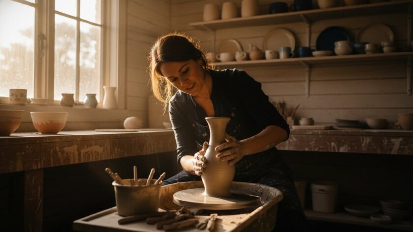 Dynamic shot of a successful female entrepreneur showcasing her artisanal pottery in a rustic Creswick studio, bathed in golden hour light, captured by Creswick branding photography for local entrepreneurs.