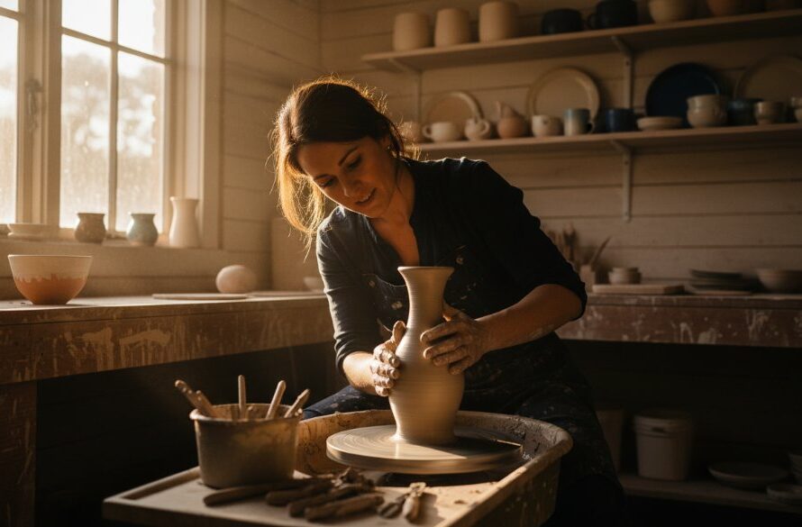 Dynamic shot of a successful female entrepreneur showcasing her artisanal pottery in a rustic Creswick studio, bathed in golden hour light, captured by Creswick branding photography for local entrepreneurs.