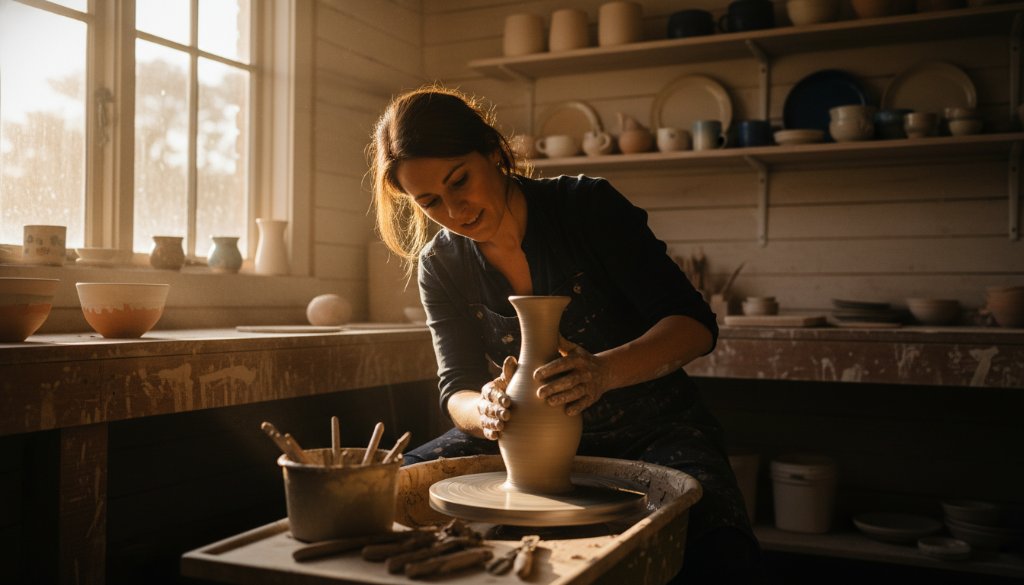 Dynamic shot of a successful female entrepreneur showcasing her artisanal pottery in a rustic Creswick studio, bathed in golden hour light, captured by Creswick branding photography for local entrepreneurs.