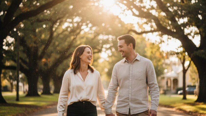 A stunning Creswick candid photography genuine moments captured in golden hour light, showing a couple laughing genuinely on a scenic bridge near St Georges Lake, surrounded by lush Victorian bushland, embodying authentic joy.