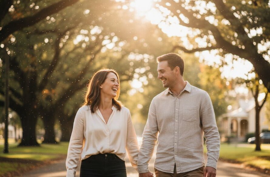 A stunning Creswick candid photography genuine moments captured in golden hour light, showing a couple laughing genuinely on a scenic bridge near St Georges Lake, surrounded by lush Victorian bushland, embodying authentic joy.