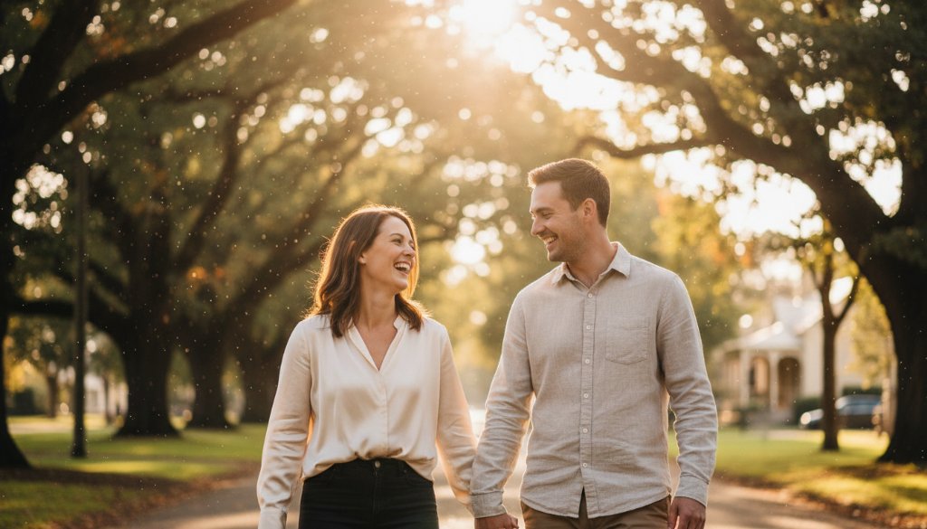 A stunning Creswick candid photography genuine moments captured in golden hour light, showing a couple laughing genuinely on a scenic bridge near St Georges Lake, surrounded by lush Victorian bushland, embodying authentic joy.
