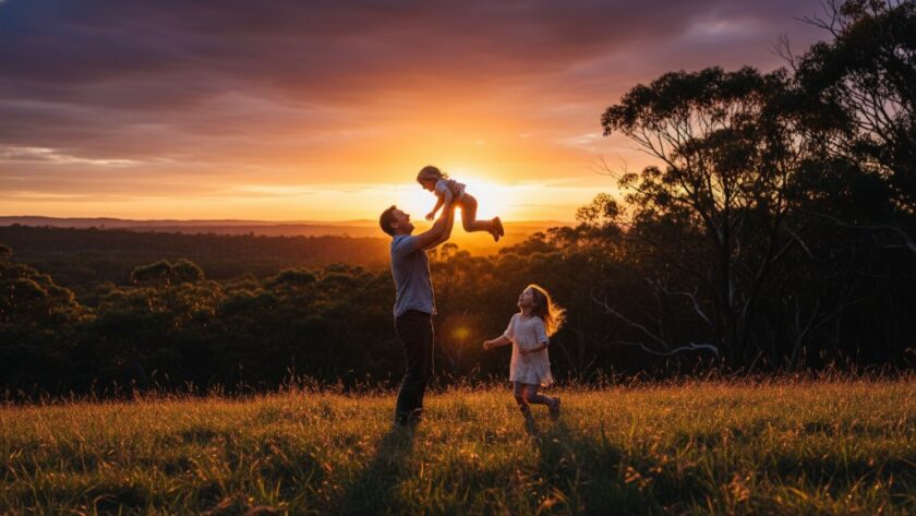 A joyous Creswick family photography authentic joy moment, captured at sunset in the Creswick Regional Park. Parents embrace their laughing children, silhouetted against a golden sky, creating a heartwarming and epic outdoor family portrait.