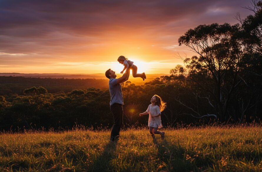 A joyous Creswick family photography authentic joy moment, captured at sunset in the Creswick Regional Park. Parents embrace their laughing children, silhouetted against a golden sky, creating a heartwarming and epic outdoor family portrait.