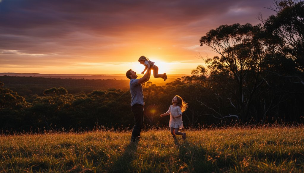 A joyous Creswick family photography authentic joy moment, captured at sunset in the Creswick Regional Park. Parents embrace their laughing children, silhouetted against a golden sky, creating a heartwarming and epic outdoor family portrait.