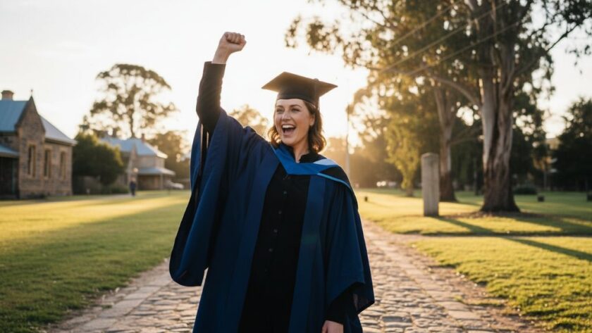 A graduating student in cap and gown joyously tossing their cap in the air against the historic architecture of Creswick, Victoria, surrounded by golden hour light, capturing vibrant Victorian memories through professional Creswick graduation photography.