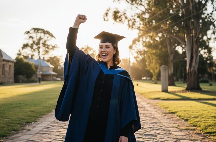 A graduating student in cap and gown joyously tossing their cap in the air against the historic architecture of Creswick, Victoria, surrounded by golden hour light, capturing vibrant Victorian memories through professional Creswick graduation photography.