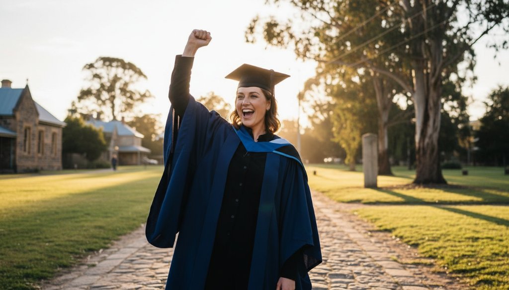 A graduating student in cap and gown joyously tossing their cap in the air against the historic architecture of Creswick, Victoria, surrounded by golden hour light, capturing vibrant Victorian memories through professional Creswick graduation photography.