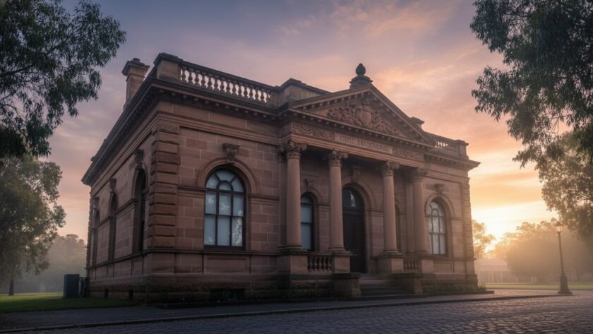 Dramatic wide-angle shot of a grand, historic Victorian-era building in Creswick under a moody, golden hour sky, showcasing intricate details and long shadows, perfect for Creswick heritage architecture photography Victoria portfolio.
