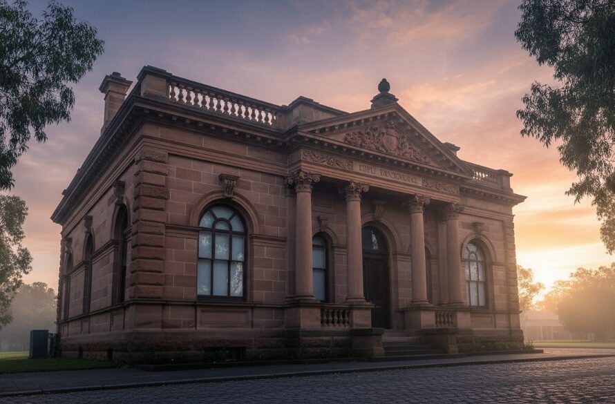 Dramatic wide-angle shot of a grand, historic Victorian-era building in Creswick under a moody, golden hour sky, showcasing intricate details and long shadows, perfect for Creswick heritage architecture photography Victoria portfolio.