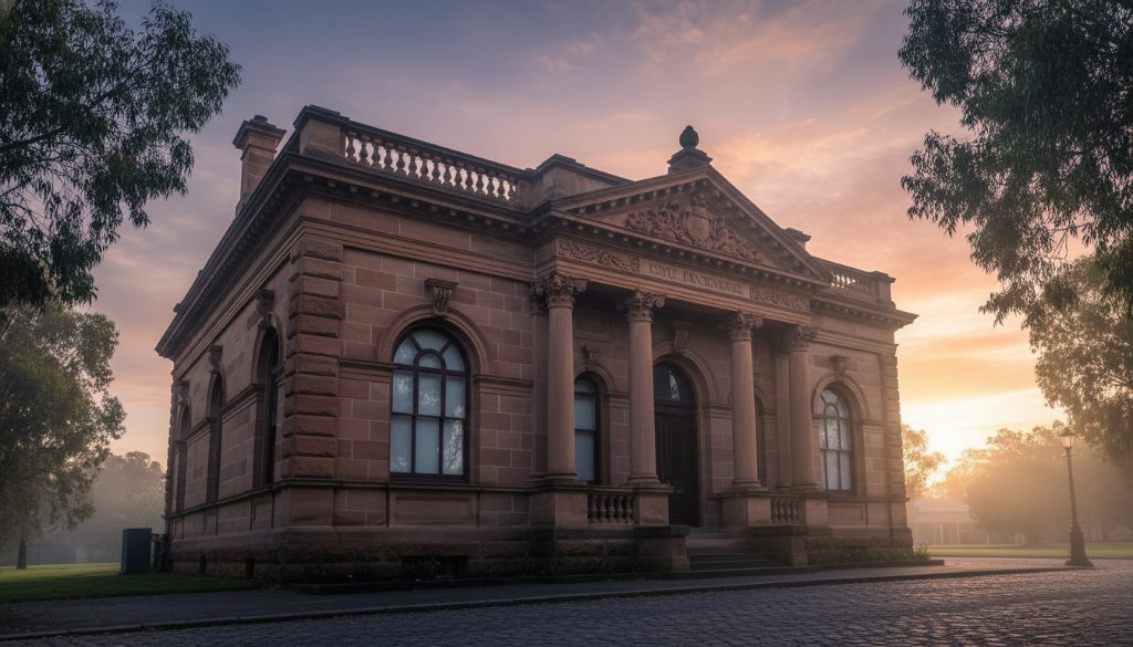 Dramatic wide-angle shot of a grand, historic Victorian-era building in Creswick under a moody, golden hour sky, showcasing intricate details and long shadows, perfect for Creswick heritage architecture photography Victoria portfolio.