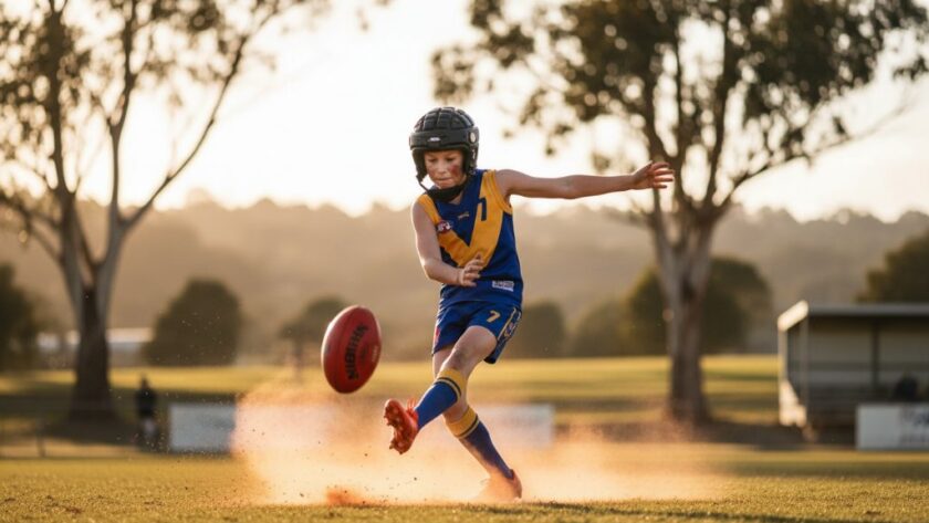 Dramatic shot of a young footballer mid-kick during intense Creswick junior football action photography, with golden hour light illuminating the determined expression and motion blur, capturing an epic moment on the Creswick pitch.