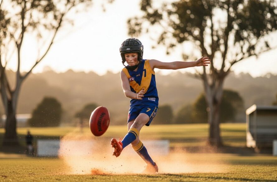 Dramatic shot of a young footballer mid-kick during intense Creswick junior football action photography, with golden hour light illuminating the determined expression and motion blur, capturing an epic moment on the Creswick pitch.