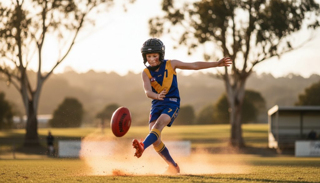 Dramatic shot of a young footballer mid-kick during intense Creswick junior football action photography, with golden hour light illuminating the determined expression and motion blur, capturing an epic moment on the Creswick pitch.