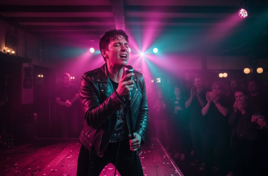 An 'epic moment' photograph showcasing the Creswick live music photography authentic energy, with a lead singer silhouetted against vibrant stage lights, capturing a powerful, emotive performance in a historic Creswick venue.