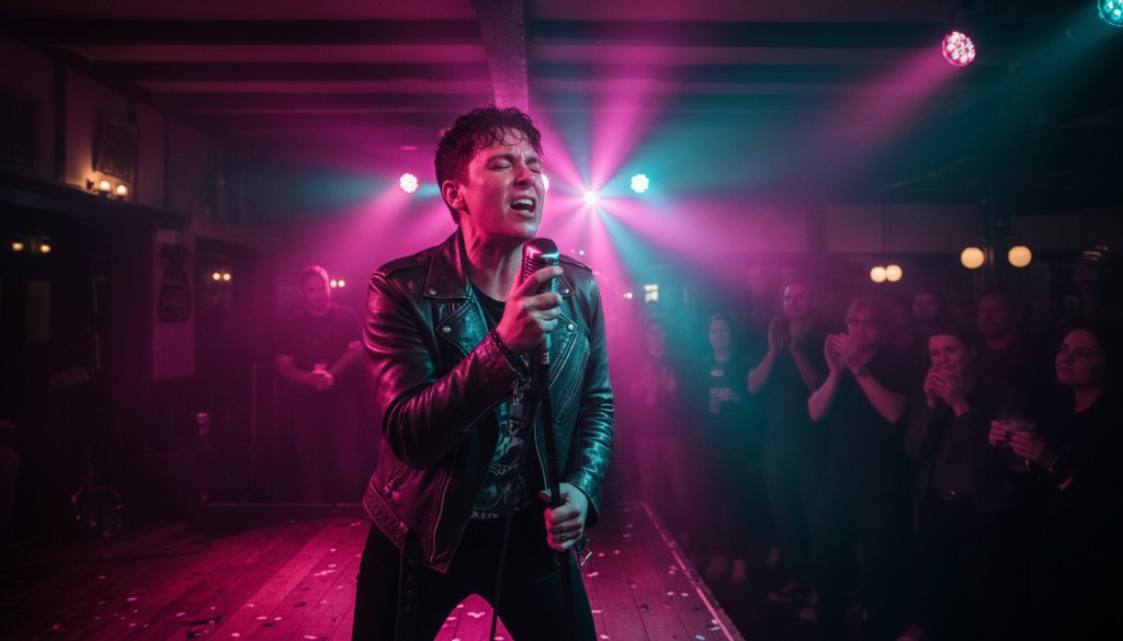 An 'epic moment' photograph showcasing the Creswick live music photography authentic energy, with a lead singer silhouetted against vibrant stage lights, capturing a powerful, emotive performance in a historic Creswick venue.