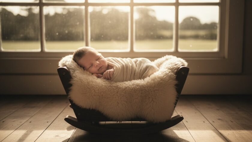 An ethereal Creswick newborn photography captures tiny miracles, showing a peacefully sleeping baby swaddled in soft organic linen, cradled gently by parents' hands, bathed in warm, diffused natural light filtering through the window of a heritage Creswick home, creating a timeless and tender family portrait.