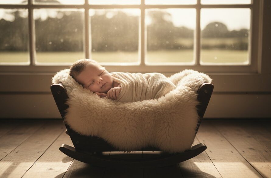 An ethereal Creswick newborn photography captures tiny miracles, showing a peacefully sleeping baby swaddled in soft organic linen, cradled gently by parents' hands, bathed in warm, diffused natural light filtering through the window of a heritage Creswick home, creating a timeless and tender family portrait.