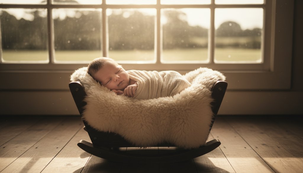 An ethereal Creswick newborn photography captures tiny miracles, showing a peacefully sleeping baby swaddled in soft organic linen, cradled gently by parents' hands, bathed in warm, diffused natural light filtering through the window of a heritage Creswick home, creating a timeless and tender family portrait.