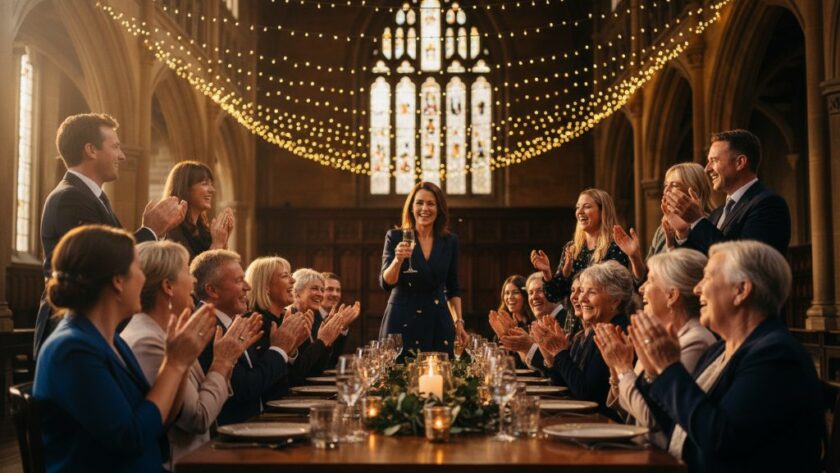 A vibrant, low-light photograph capturing an epic moment of joyful celebration at a Creswick party, showcasing guests laughing and dancing under string lights, professionally composed to highlight Creswick party photography unforgettable moments.